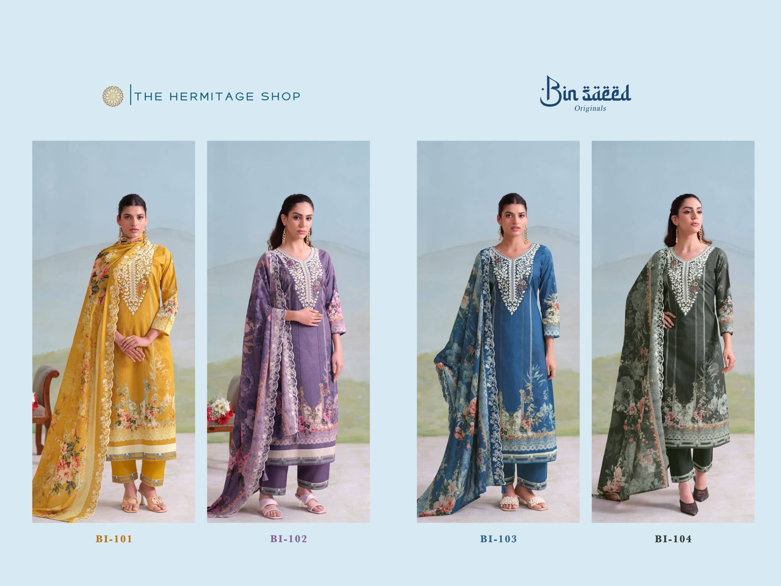 BINSAEED ORIGINALS by  THE HERMITAGE SHOP 101 To 104 Series Pakistani Stylish Beautiful Colourful Printed GIZA LAWN Dresses At Wholesale Price